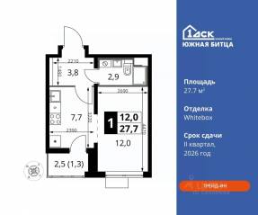 ЖК «Южная Битца», планировка 1-комнатной квартиры, 27.70 м²