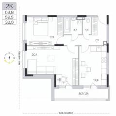 ЖК «Пироговская Ривьера», планировка 2-комнатной квартиры, 59.60 м²