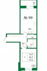 ЖК «Орловский бульвар», планировка 1-комнатной квартиры, 47.60 м²