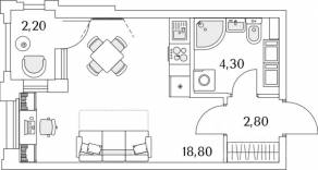 ЖК «Тайм Сквер», планировка студии, 26.80 м²