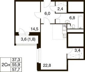 ЖК «Идеал», планировка 2-комнатной квартиры, 55.50 м²