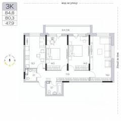 ЖК «Пироговская Ривьера», планировка 3-комнатной квартиры, 80.60 м²