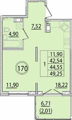 МЖК «Образцовый квартал 15», планировка 1-комнатной квартиры, 42.54 м²