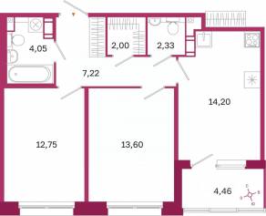 ЖК «Дом на Курской», планировка 2-комнатной квартиры, 58.38 м²