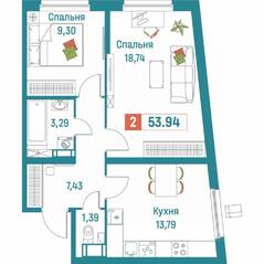 ЖК «Графика», планировка 2-комнатной квартиры, 53.94 м²
