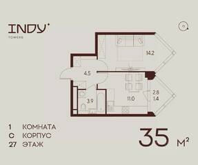 ЖК «Indy Towers», планировка 1-комнатной квартиры, 35.00 м²