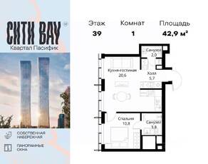 ЖК «City Bay», планировка 1-комнатной квартиры, 42.90 м²