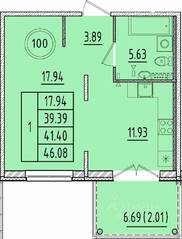 МЖК «Образцовый квартал 17», планировка 1-комнатной квартиры, 39.39 м²