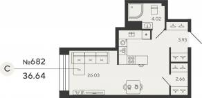 ЖК «Bashni Element», планировка студии, 36.64 м²