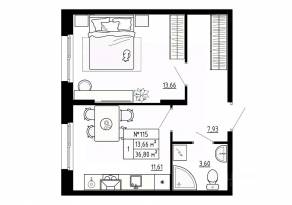 МЖК «Аннино Сити», планировка 1-комнатной квартиры, 36.80 м²