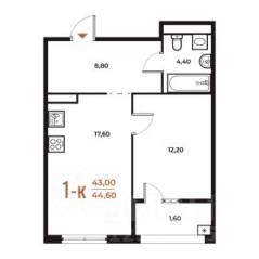 ЖК «Новое Летово», планировка 1-комнатной квартиры, 44.60 м²