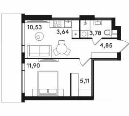 ЖК «Solos», планировка 1-комнатной квартиры, 39.81 м²