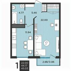 МЖК «Новокасимово», планировка 1-комнатной квартиры, 44.60 м²