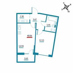 ЖК «Левитан», планировка 1-комнатной квартиры, 40.06 м²