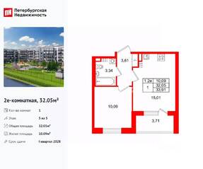 ЖК «Парадный ансамбль», планировка 1-комнатной квартиры, 32.05 м²