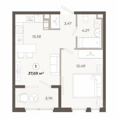 ЖК «Знатный», планировка 1-комнатной квартиры, 37.69 м²