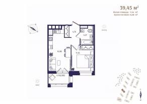 ЖК «Ranta Residence», планировка 1-комнатной квартиры, 39.45 м²