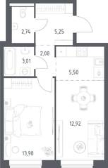 ЖК «Новое Видное», планировка 1-комнатной квартиры, 45.48 м²