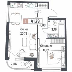 ЖК «Авиатор» (Девяткино), планировка 1-комнатной квартиры, 41.79 м²
