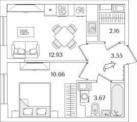 ЖК «Кинопарк», планировка 1-комнатной квартиры, 32.97 м²