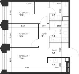 ЖК «Voice Towers», планировка 2-комнатной квартиры, 55.60 м²