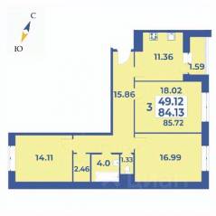 ЖК «Эдельвейс» (ЦентрСтрой), планировка 3-комнатной квартиры, 85.72 м²