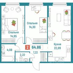 ЖК «Графика», планировка 2-комнатной квартиры, 64.86 м²