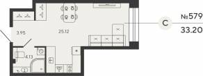 ЖК «Bashni Element», планировка студии, 33.20 м²
