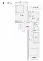 ЖК «Lampo», планировка 2-комнатной квартиры, 50.30 м²