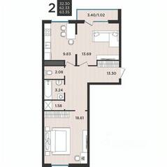 МЖК «Новокасимово», планировка 2-комнатной квартиры, 63.30 м²