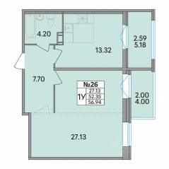 ЖК «Рождественский квартал», планировка 1-комнатной квартиры, 56.94 м²