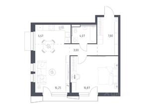 ЖК «Квартал Авиаторов», планировка 1-комнатной квартиры, 54.00 м²