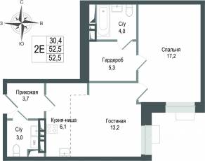 ЖК «Киноквартал», планировка 2-комнатной квартиры, 52.50 м²
