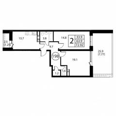 ЖК «Космос», планировка 2-комнатной квартиры, 72.92 м²