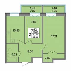 ЖК «Рождественский квартал», планировка 2-комнатной квартиры, 55.60 м²