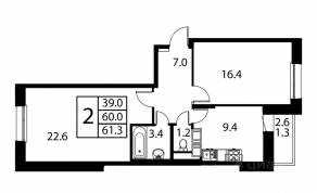 ЖК «Космос», планировка 2-комнатной квартиры, 61.30 м²