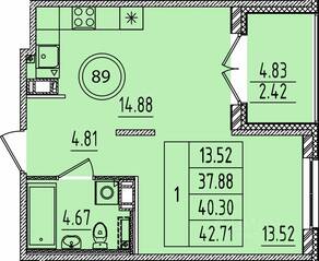 МЖК «Образцовый квартал 14», планировка 1-комнатной квартиры, 37.88 м²