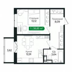 ЖК «Sertolovo Park», планировка 1-комнатной квартиры, 38.85 м²