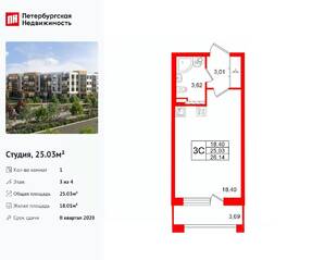 МЖК «Универ Сити», планировка студии, 25.03 м²