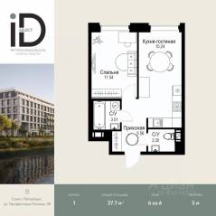 ЖК «ID Petrogradskaya», планировка 1-комнатной квартиры, 37.70 м²