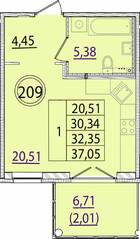МЖК «Образцовый квартал 15», планировка 1-комнатной квартиры, 30.34 м²