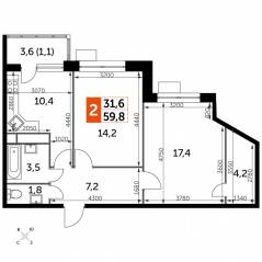 МФК «Датский квартал», планировка 2-комнатной квартиры, 59.80 м²