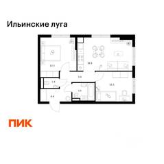 ЖК «Ильинские луга», планировка 2-комнатной квартиры, 51.80 м²