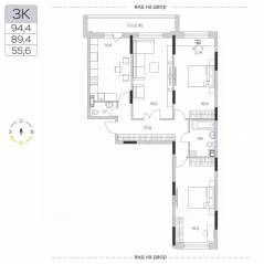 ЖК «Пироговская Ривьера», планировка 3-комнатной квартиры, 89.90 м²