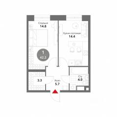 МФК «Voxhall», планировка 1-комнатной квартиры, 42.30 м²