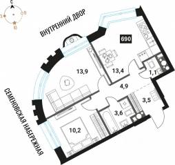 ЖК «Интеллигент», планировка 2-комнатной квартиры, 50.60 м²