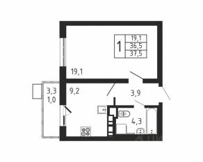 ЖК «Пироговская Ривьера», планировка 1-комнатной квартиры, 37.50 м²