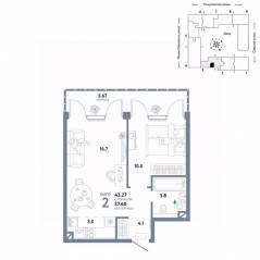 ЖК «Страна.Озерная», планировка 2-комнатной квартиры, 43.27 м²
