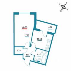 ЖК «Левитан», планировка 1-комнатной квартиры, 40.58 м²