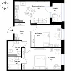 МЖК «Экография», планировка 2-комнатной квартиры, 57.30 м²